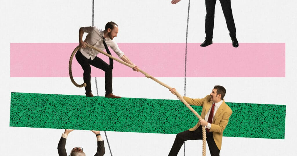 Eine Gruppe Männer zieht auf einem rosa-grünen Hintergrund an einem Seil. Dieses dynamische Bild kann für Grafikdesign oder zum Erstellen einer visuell beeindruckenden Website oder Webseite verwendet werden.