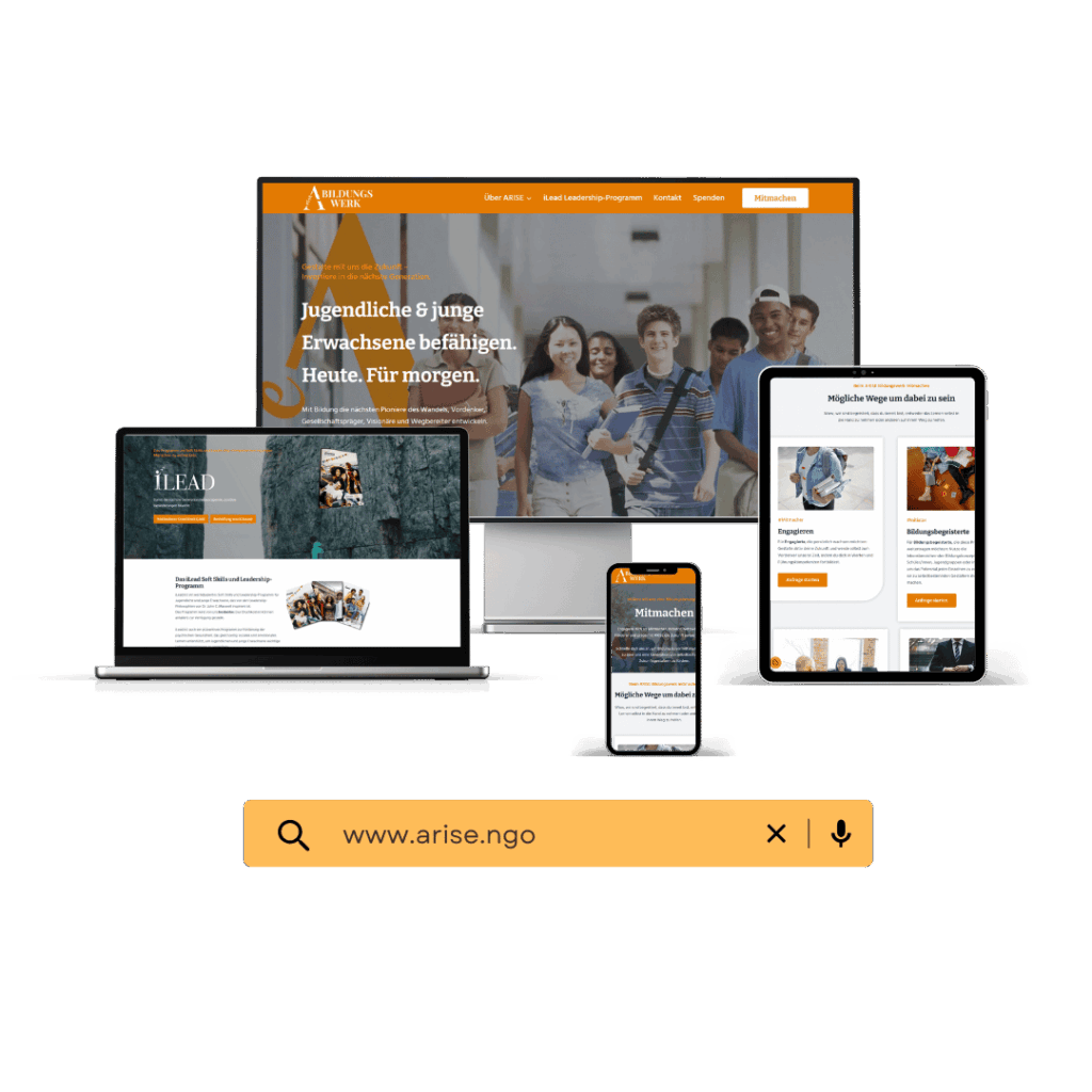 Vier Geräte, auf denen die Website der Arise NGO angezeigt wird, darunter ein Desktop-Computer, ein Laptop, ein Tablet und ein Smartphone, mit der URL www.arise.ngo unten.