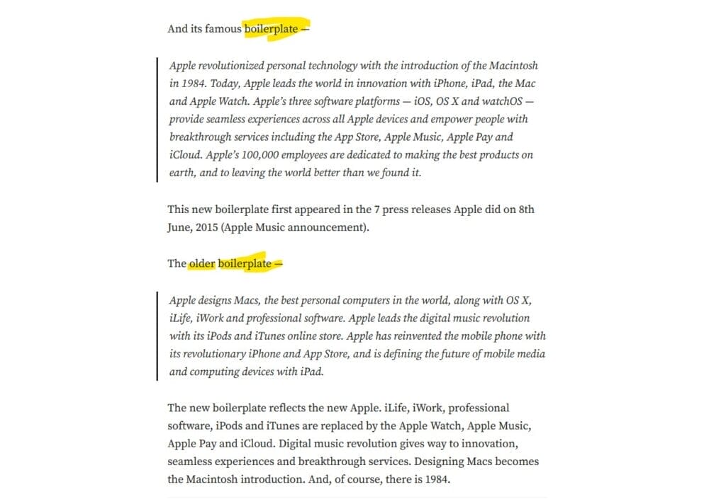 Ein Dokument mit den hervorgehobenen Wörtern "boilerplate" und "older boilerplate", das Auszüge aus Pressemitteilungen über Produkteinführungen und Dienstleistungen von Apple zeigt.