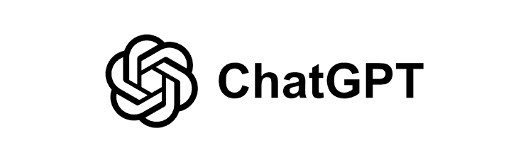 Schwarzes und weißes ChatGPT-Logo mit einem geometrischen Knotenmuster auf der linken Seite und dem Text "ChatGPT" in fetter, serifenloser Schrift auf der rechten Seite.