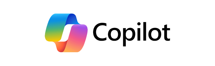 Das Copilot-Logo zeigt ein bandförmiges Design mit Farbverlauf in Blau, Grün, Gelb, Rosa und Lila neben dem Wort "Copilot" in schwarzer Schrift.
