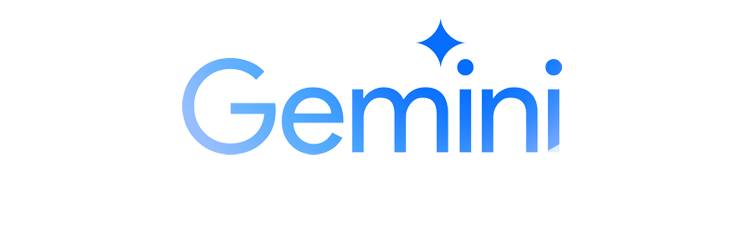 Das Wort "Gemini" in blauem Text mit Farbverlauf und einem blauen Glitzersymbol über dem zweiten "i" auf weißem Hintergrund.
