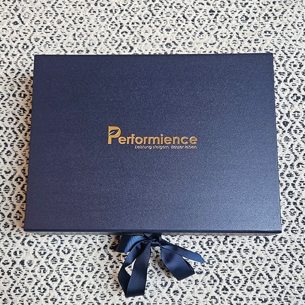 Ein blaues Premium Box mit dem Wort „Performience“ darauf. Die Box wurde von kreativschock designed und mit goldener Schrift gelayoutet