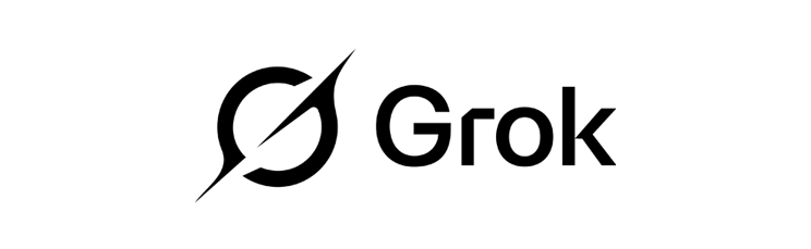 Das Bild zeigt das Wort "Grok" in schwarzer Schrift neben einem kreisförmigen Logo mit einer diagonalen Linie, die an eine stilisierte Rakete oder Kompassnadel erinnert.