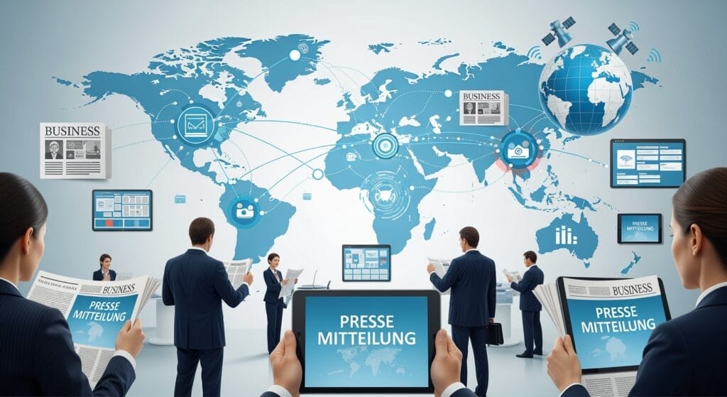 Menschen in Geschäftskleidung lesen Zeitungen und Tablets mit der Aufschrift "Presse Mitteilung" vor einer Weltkarte mit digitalen Geschäfts- und Nachrichtensymbolen.