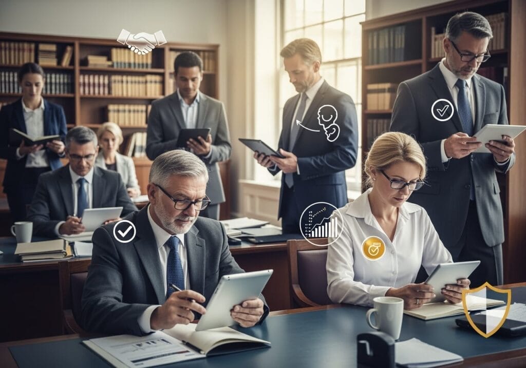 Geschäftsleute in formeller Kleidung arbeiten an Tablets in einem Büro mit Bücherregalen. Overlay-Symbole stehen für die Themen Kommunikation, Sicherheit, Daten und Teamarbeit.