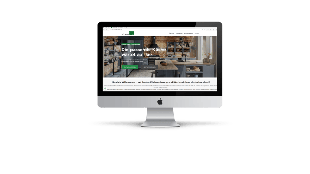Ein Computerbildschirm, auf dem ein optisch beeindruckendes grünes Küchendesign auf einer Website angezeigt wird. Es zeigt einen Kunden, für den eine Website erstellt wurde.