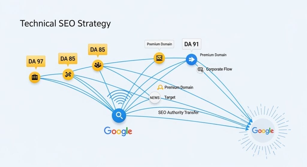 Diagramm zur Veranschaulichung einer technischen SEO-Strategie, das Linkflüsse zwischen Domains mit unterschiedlichen Autoritätswerten, Google und einer Zielseite zeigt, beschriftet mit Begriffen wie "SEO Authority Transfer" und "Corporate Flow".