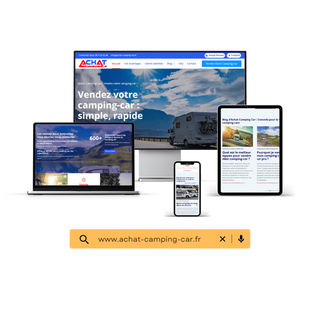 Eine Website über den Verkauf von Wohnmobilen wird auf einem Laptop, einem Desktop-Monitor, einem Tablet und einem Smartphone angezeigt, mit einer Suchleiste, die www.achat-camping-car.fr anzeigt.