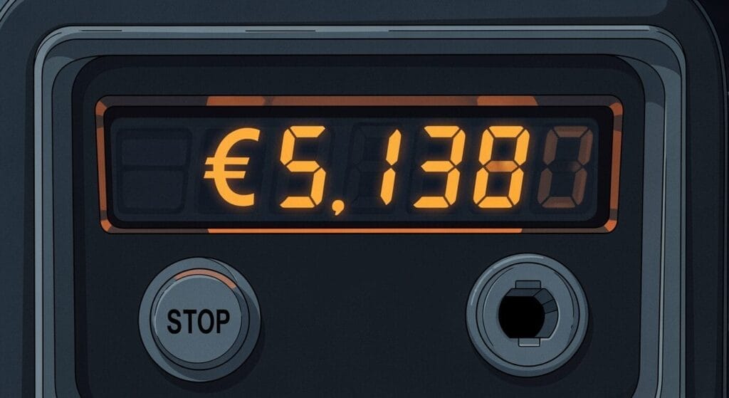 Eine Digitalanzeige zeigt den Betrag von 5.138 € über zwei Tasten mit der Aufschrift "STOP" und einer nicht gekennzeichneten Steckdose oder einem Schlüsselloch an.