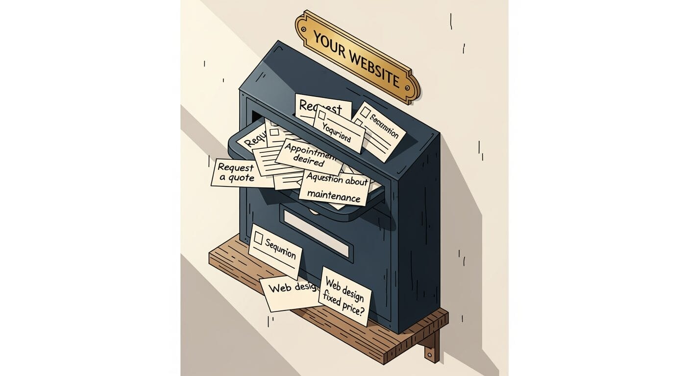 Ein Briefkasten mit der Aufschrift "Ihre Website" ist mit verschiedenen Anfragen gefüllt, darunter Anfragen zu Terminen, Kostenvoranschlägen, Wartung, Support und Web-Design.
