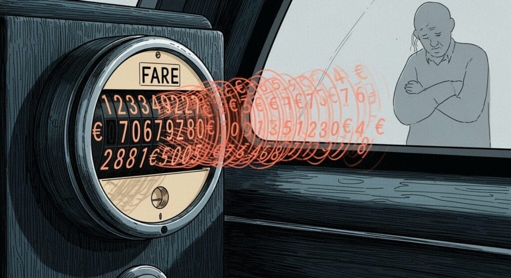 Ein Taxameter, das schnell ansteigt und den Fahrpreis in Euro anzeigt, während eine besorgte Person außerhalb des Fahrzeugs steht.