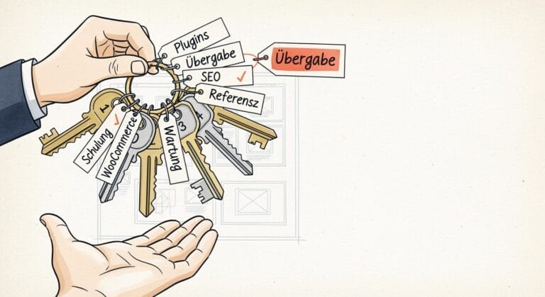 Illustration einer Hand, die einen Schlüsselbund mit beschrifteten Tasten (Schulung, Woocommerce, Plugins, Übergabe, SEO, Bauphase, Referenz) an eine andere offene Hand weitergibt, wobei die Taste "Übergabe" hervorgehoben wird.