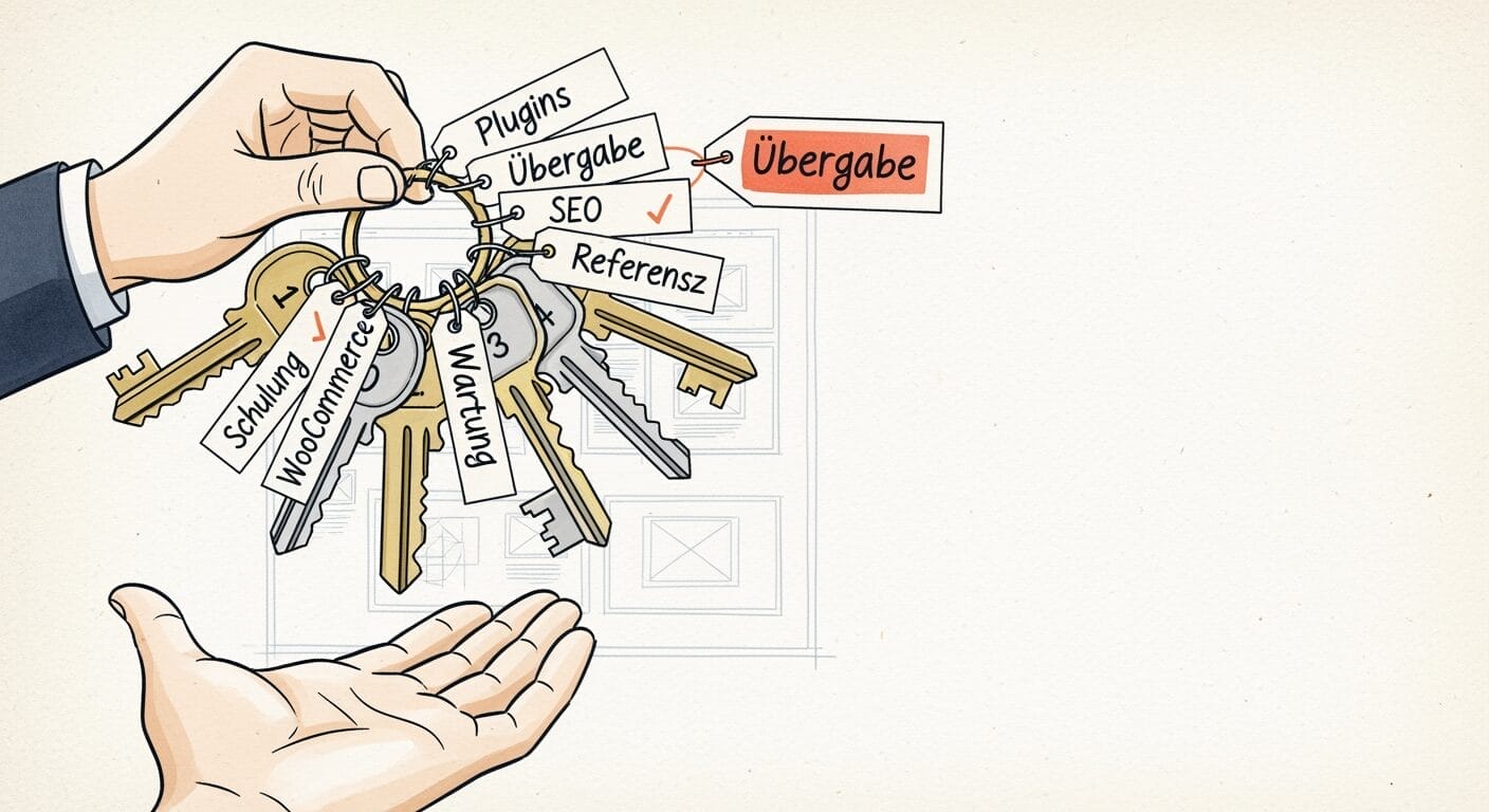 Illustration einer Hand, die einen Schlüsselbund mit beschrifteten Tasten (Schulung, Woocommerce, Plugins, Übergabe, SEO, Bauphase, Referenz) an eine andere offene Hand weitergibt, wobei die Taste "Übergabe" hervorgehoben wird.