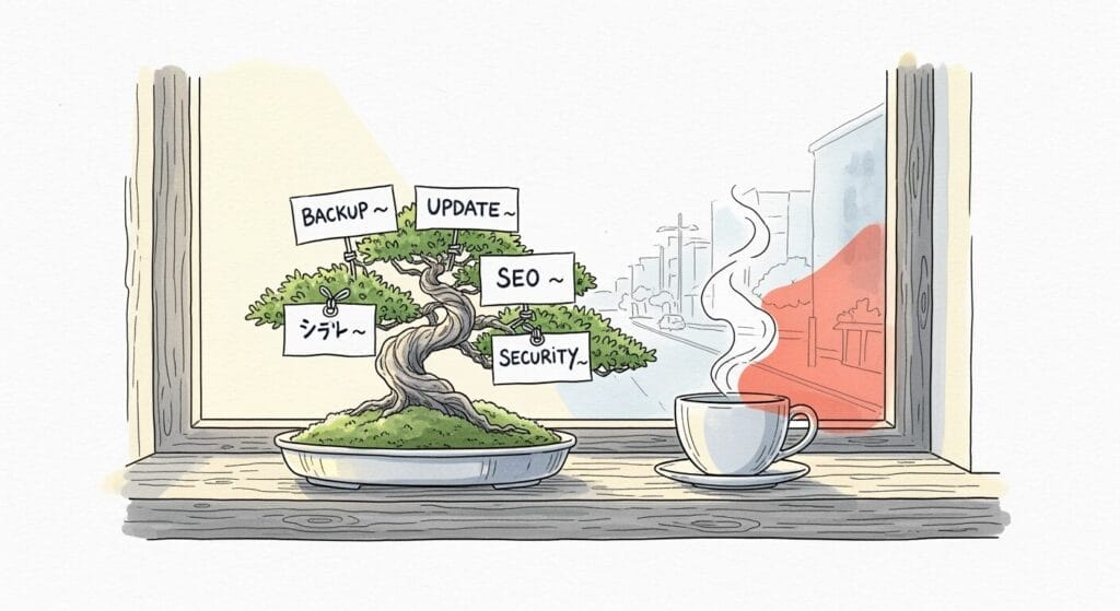 Ein Bonsai-Baum mit Schildern wie Backup, Update, SEO und Security steht auf einer Fensterbank neben einer dampfenden Tasse Kaffee mit Blick auf eine Straßenszene.
