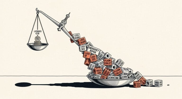 Eine Waage wägt 30 € in WordPress-Münzen gegen eine Menge von Blöcken ab, die mit "Verlust", "Hacking-Risiko" und "Ausfallzeit" beschriftet sind.