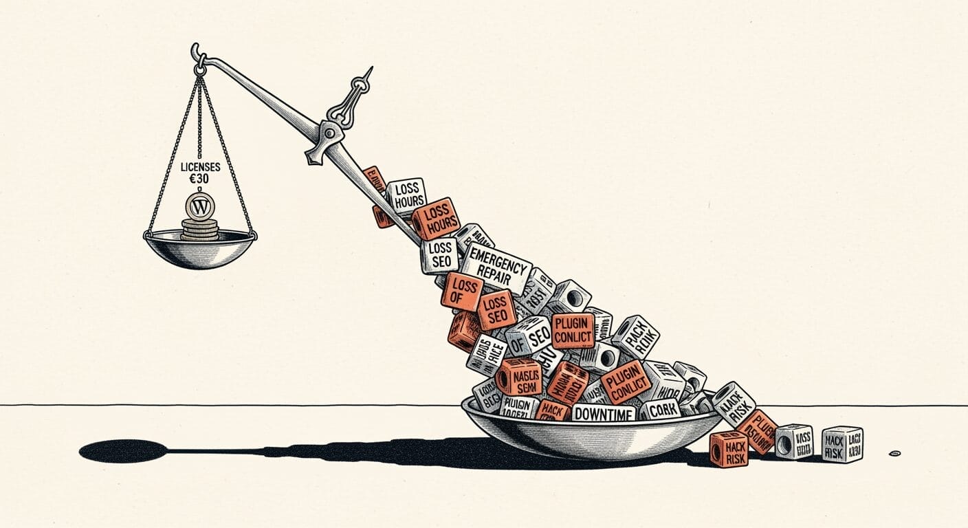 Eine Waage wägt 30 € in WordPress-Münzen gegen eine Menge von Blöcken ab, die mit "Verlust", "Hacking-Risiko" und "Ausfallzeit" beschriftet sind.