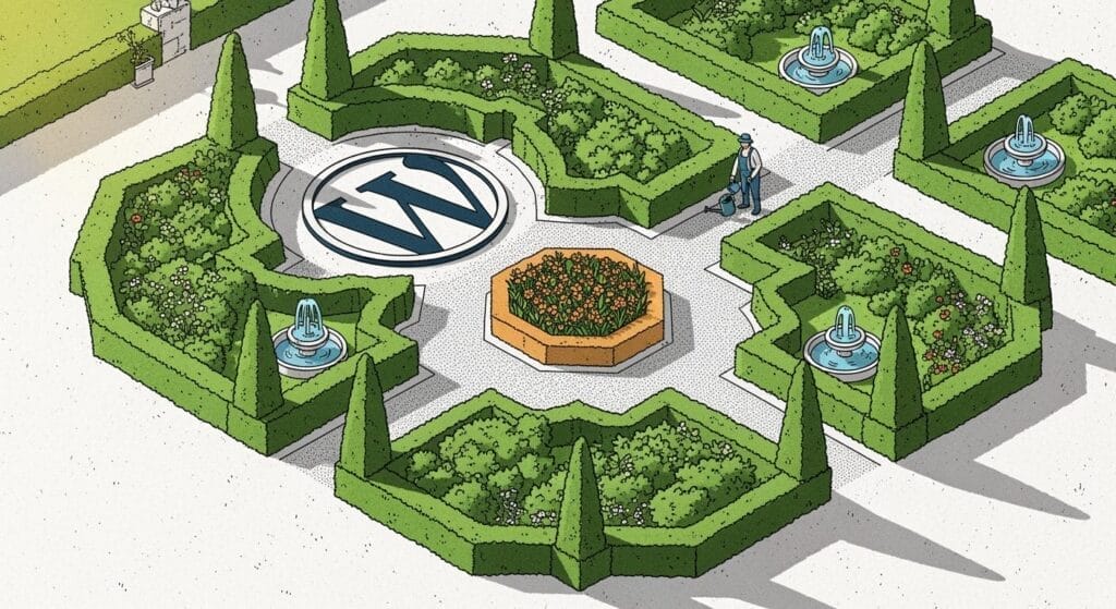 Website Wartung ist wie ein Gartenlabyrinth. Ein Gartenlabyrinth mit einem WordPress-Logo, Springbrunnen, Blumen und einem Gärtner.